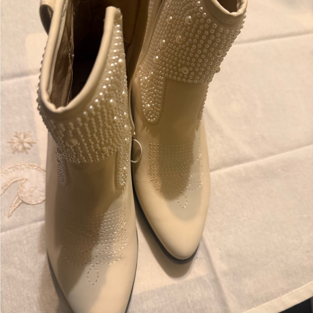 Chic Cream Embellished Ankle Boots